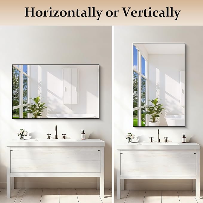 Black Bathroom Mirror for Wall, 30x48 Inch Rectangle Mirrors with Metal Frame, Modern Vanity Wall Mirror Decor for Bathroom Living Room, Entryway Hangs Horizontal or Vertical