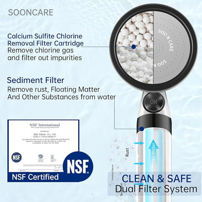 CH-S514 Korean Filtered Handheld Shower Head, One-Touch Stop Water | Triple Stage Filtration,3.1μm PP Cotton,Chlorine Removal,Visible Filter,SUS304 Plate,G1/2 Universal Thread