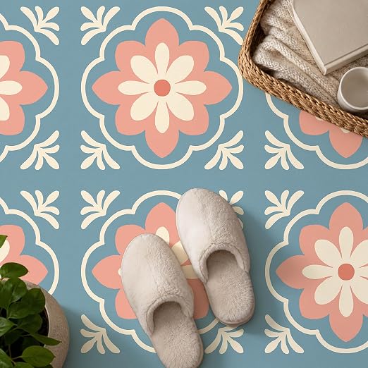 Retro Blue Pink Flower Peel and Stick Floor Tiles 12x12 Inch 10PCS | Retro blue pink cream flower tile pattern vinyl floor stickers for kitchen bathroom entryway and indoor home decor