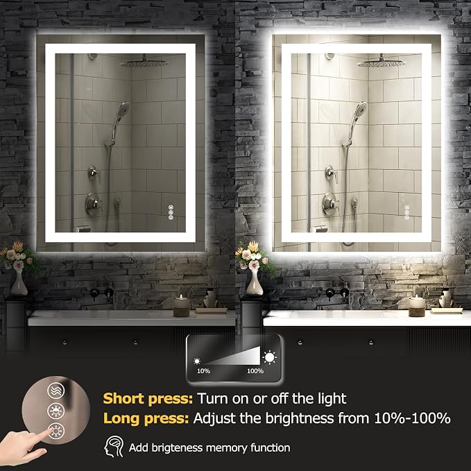 Hivone 28"X32" LED Bathroom Mirror with Lights, Anti-Fog, Dimmable, Backlit + Front Lit, Smart Bathroom Vanity Mirror, Memory Function, Shatterproof, Tempered Glass (Horizontal/Vertical)