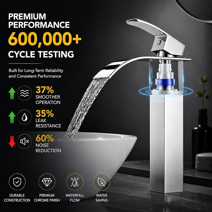 VOTON Vessel Sink Faucet Chrome Modern Tall Waterfall Bathroom Sink Faucet with Pop-Up Drain Single Handle Bathroom Faucet 1 Hole Bowl Lavatory Vanity Faucet, Rv Sink Camper Farmhouse Bathroom Faucet