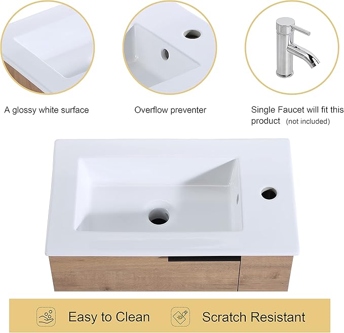 Malwee 22" Floating Bathroom Vanity with Sink, 22 Inch Single Sink Wall Mounted Bathroom Vanity, with 1 Door and White Ceramic Basin Top for Small Space, Plywood Cabinet Storage(002-22IMO)