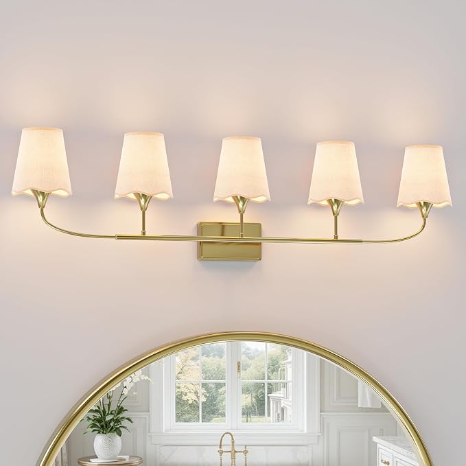 Morauroral Bathroom Light Fixtures Over Mirror, 5 Light Vanity Light for Bathroom, Gold Vanity Light Fixtures with Fabric Linen Shade, E26 Socket Sconce Wall Decor(ETL Listed)