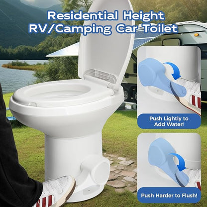 Gravity Flush RV Toilet, White, ABS Plastic with Foot Pedal Flush Mechanism, Standard Height, RV-Specific Model