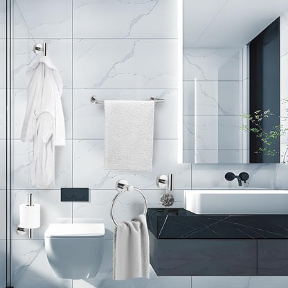 5 Piece Modern Style Wall Mounted Bathroom Hardware Set | #304 Stainless Steel, 24" Towel Bar Mount, Towel Rings, L Shape Toilet Paper Holder, Bathrobe Hook (Chrome)
