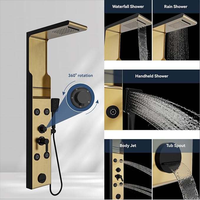 ELLO&ALLO Shower Panel Tower System with Shelf, Rainfall Shower Head and Rain Massage System with Body Jets, Stainless Steel Bathroom Fixtures, Brushed Gold&Black