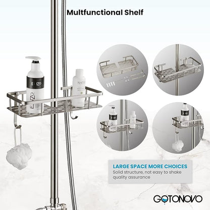 gotonovo Exposed Shower System with Shelf and Tub Spout,Brushed Nickel | Bathroom Shower Faucet Set with Shelf,8’’ Rain Head with Handheld Spray,2 Cross Handle,6’’ Hole Distance,Adjustable Height