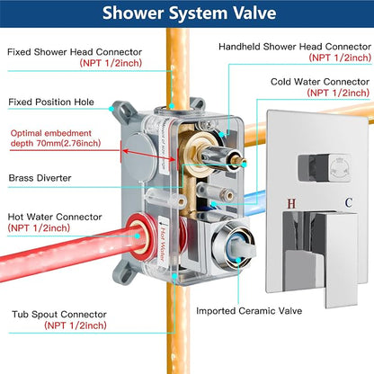 Midanya Shower System with Tub Spout,12 Inch Shower Head,Polish Chrome | with Valve & Trim Kit,Square Rain Head,Handheld Sprayer,Waterfall Spout,All Metal Wall Mount Bathroom Shower Tub Faucet Set