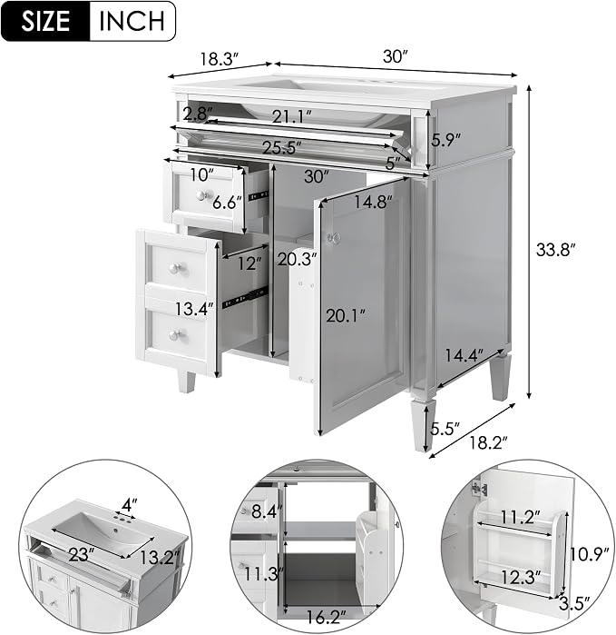 Merax 30 Inch Bathroom Vanity with Sink, Modern Bathroom Vanity Storage Cabinet with Matching Mirror Medicine Cabinet, Solid Wood Frame，Painted Finish, 2 Drawers and 1 Tip-Out Drawer, White