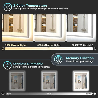28x32 Inch Brushed Nickel LED Bathroom Mirror, Backlit & Front Lit | Silver Framed Anti-Fog Lighted Vanity Mirror with Lights, 3 Color Dimmable, Memory, HD Tempered Glass, CRI95, IP54, UL Listed
