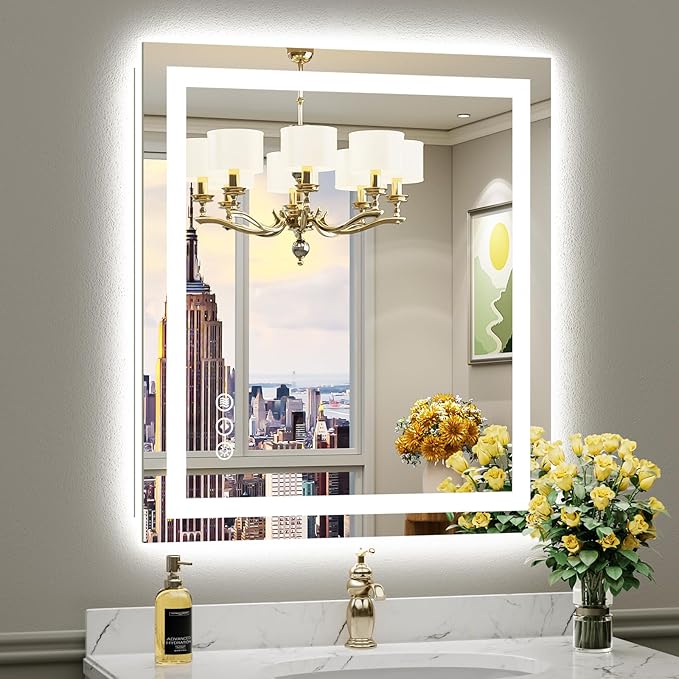 28x32 Inch LED Bathroom Mirror with Lights, Backlit & Front Lit, Anti-Fog Lighted Bathroom Vanity Mirror for Wall, Memory Function, Dimmable, HD Tempered Glass, Shatter-Proof