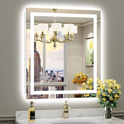 28x32 Inch LED Bathroom Mirror with Lights, Backlit & Front Lit, Anti-Fog Lighted Bathroom Vanity Mirror for Wall, Memory Function, Dimmable, HD Tempered Glass, Shatter-Proof