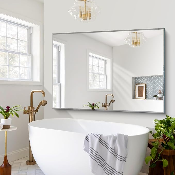 CILIBER Beveled Bathroom Mirror, 60x40 Large Bathroom Mirrors for Over Sink, 3mm Tempered Glass Beveled Frameless Vanity Mirror for Bathroom, Bedroom, Living Room and Entryway