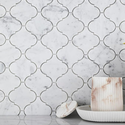 3 Inch Arabesque Carrara White Marble Mosaic Tile for Wall Floor, 5 Sheets | Water & Heat Resistant Polished Marble Backsplash Tiles for Kitchen Bathroom Fireplace Surround Durable Unique Veins 3.9SQFT