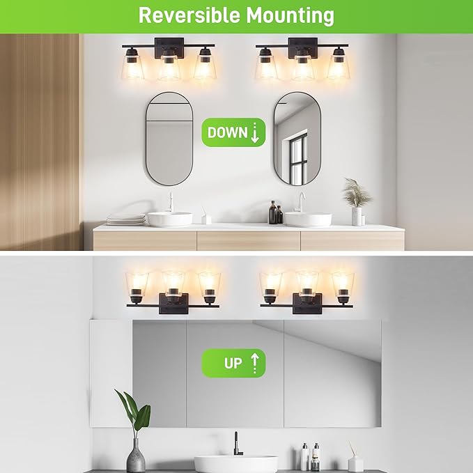 hykolity 3-Light Vanity Light Fixture, 5-Piece All-in-One Bathroom Set with Towel Bar, Ring, Robe Hook & Toilet Paper Holder for Bathroom Mirror Lighting, Oil Rubbed Bronze Wall Light with Glass Shade