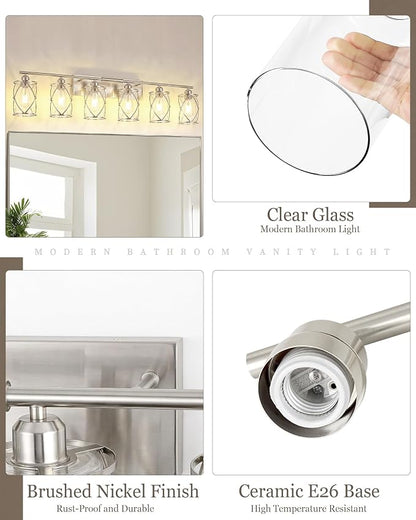 6-Light Brushed Nickel Bathroom Light Fixtures Over Mirror, 42" UL-Listed Modern Wall Sconce Lights with Clear Glass and Metal Cage for Bath, Hardwire E26, CH9176BN-6W