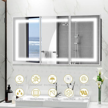ROOMTEC 48 x 32 Inch Medicine Cabinet Mirror with LED Lights, Silver Bathroom Medicine Cabinet with Mirror and Storage, Recessed or Wall Mount, 3 Color Temperature, Dimmable Light