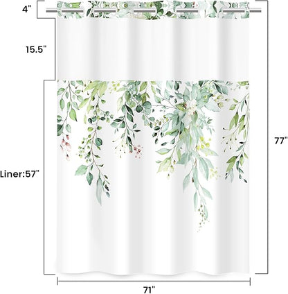 No Hook Shower Curtain with Liner, Eucalyptus Sage Green, 71x77 | Snap in Liner, 3 in 1, Water Repellent, Easy Install, Machine Washable, Hotel Style for Bathroom, Watercolor Pattern