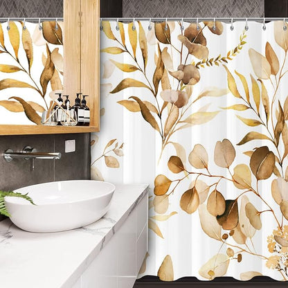 Brown Eucalyptus Leaf Long Shower Curtain, Brown Botanical Watercolor Plants Bathroom Curtain Bathtub Home Decor Waterproof Fabric Machine Washable with 12 PCS Hooks,72" Wx96 L