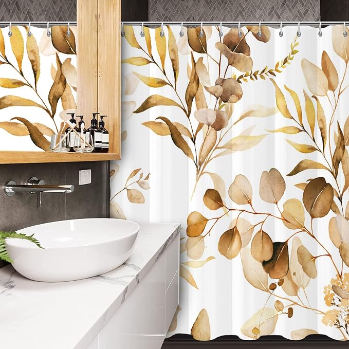 Brown Eucalyptus Leaf Stall Shower Curtain, Brown Botanical Watercolor Plants Bathroom Curtain Bathtub Home Decor Waterproof Fabric Machine Washable with 6PCS Hooks,36" Wx72 L