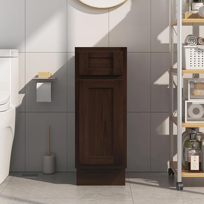 HomeBeyond 12 Inch Bathroom Vanity Base Only, Single Vanity Cabinet with Dove-Tailed Drawer, Composable Floor Mount Cabinets without Top, Brown