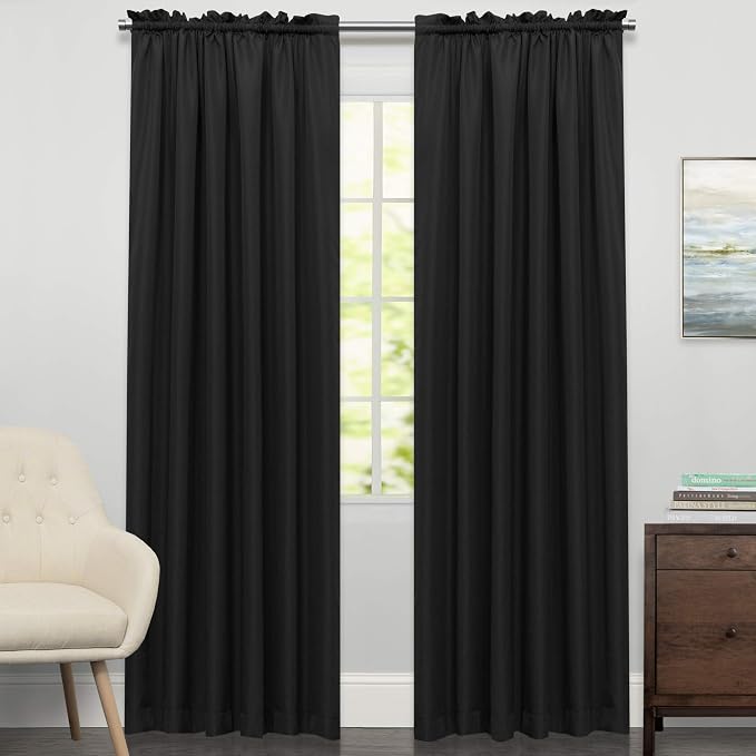 Sweet Home Collection Kitchen Curtains for Windows 40+ Styles & Colors Swag, Valance, Tier Sets & Panels Cafe Curtains for Farmhouse, Rustic, Modern Décor, Ribcord Black, 84" Panel