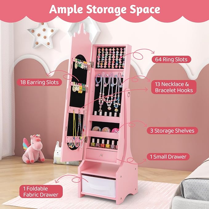 CHARMAID Kids Mirror Jewelry Cabinet - 45.5'' Full Length Mirror with Jewelry Storage, Standing Jewelry Armoire with Drawers, Kids Jewelry Organizer Box Vanity Dressing Mirror for Girls (Pink)