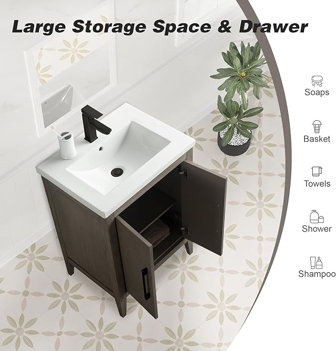 HomeBeyond 24 Inch Bathroom Vanity with Sink & Ceramic Top, Single Vanity Cabinet with Basin, Soft-Closing Doors & Matte Black Hardware, Driftwood Gray