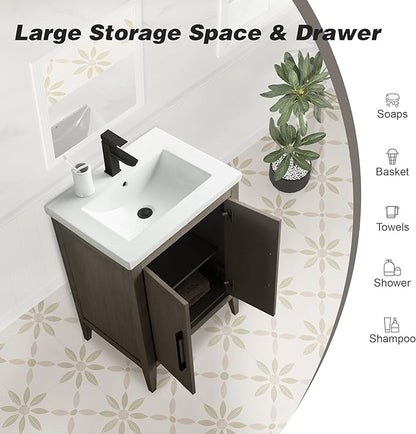 HomeBeyond 24 Inch Bathroom Vanity with Sink & Ceramic Top, Single Vanity Cabinet with Basin, Soft-Closing Doors & Matte Black Hardware, Driftwood Gray