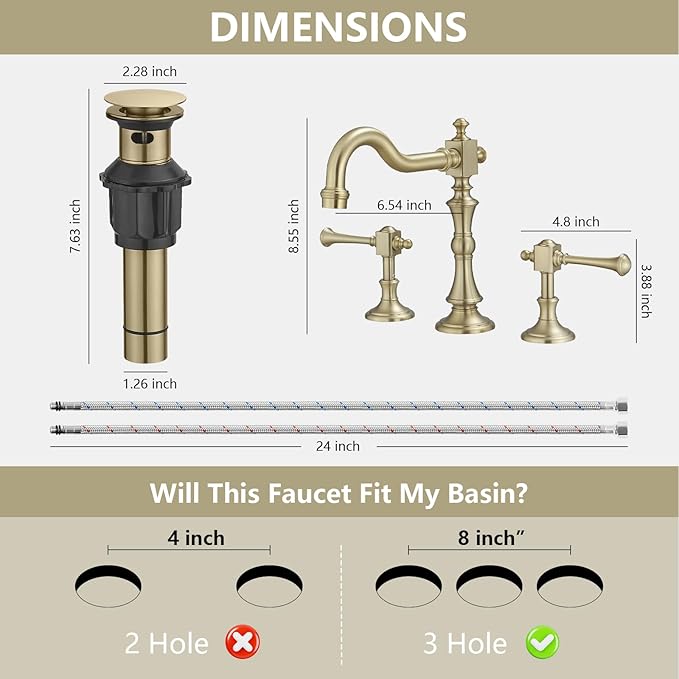 BWE 8 Inch Vintage Brass Bathroom Faucet for Sink 3 Hole Brushed Gold Bathroom Sink Faucet with Pop-up Drain and Supply Lines 2 Handle Widespread Bathroom Faucet Solid Brass