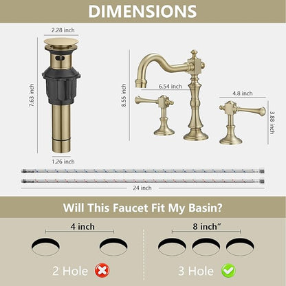 BWE 8 Inch Vintage Brass Bathroom Faucet for Sink 3 Hole Brushed Gold Bathroom Sink Faucet with Pop-up Drain and Supply Lines 2 Handle Widespread Bathroom Faucet Solid Brass