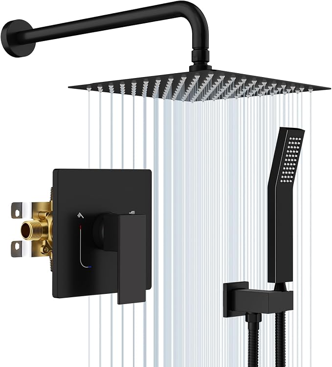 EMBATHER Shower System,10"Shower Faucet Set with Rain Shower Head and Handheld Spray Combo,Included Valve and Trim Kit,Mattle Black