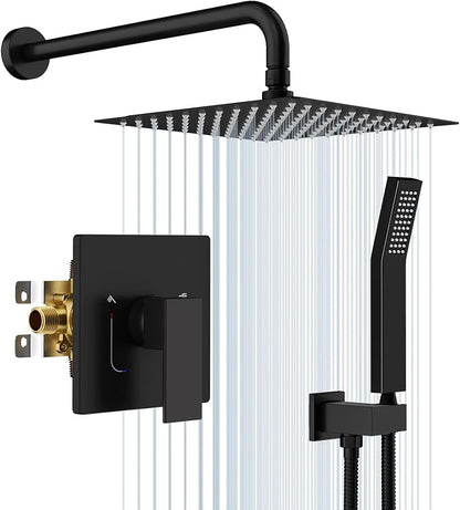 EMBATHER Shower System,10"Shower Faucet Set with Rain Shower Head and Handheld Spray Combo,Included Valve and Trim Kit,Mattle Black