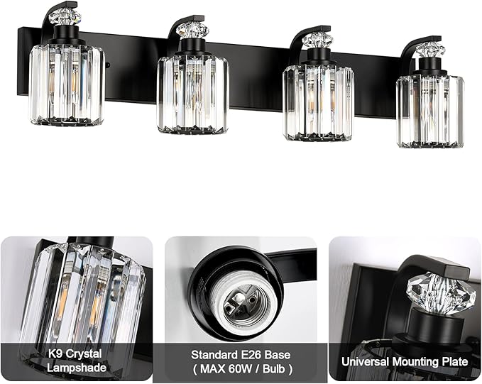Black Bathroom Light Fixtures with K9 Crystal Lampshade Bathroom Lighting Over Mirror Vanity Lights for Living Room,Bedroom,Restroom,Hallway 4 Lights