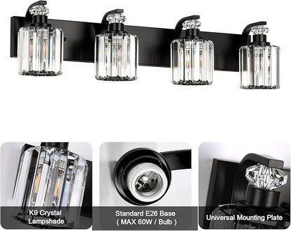 Black Bathroom Light Fixtures with K9 Crystal Lampshade Bathroom Lighting Over Mirror Vanity Lights for Living Room,Bedroom,Restroom,Hallway 4 Lights