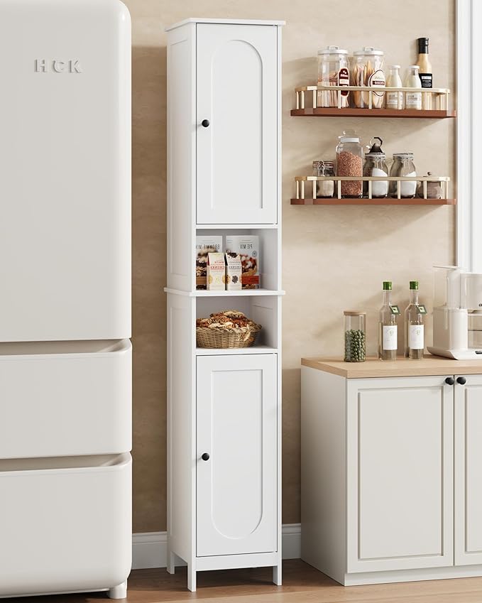 HAIOOU 67" Tall Bathroom Storage Cabinet with Light,11.8"W Narrow Bathroom Cabinet with Adjustable Glass Shelves,Slim Freestanding Cabinet for Small Spaces,Skinny Cabinet for Kitchen,Living Room white