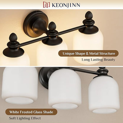 Keonjinn 4-Light Bathroom Light Fixtures, Black Vintage Vanity Lights for Mirror with Frosted Glass Shades, UL Listed E26 Base(Bulbs Not Included), Reversible Vanity Lighting Fixtures for Bathroom