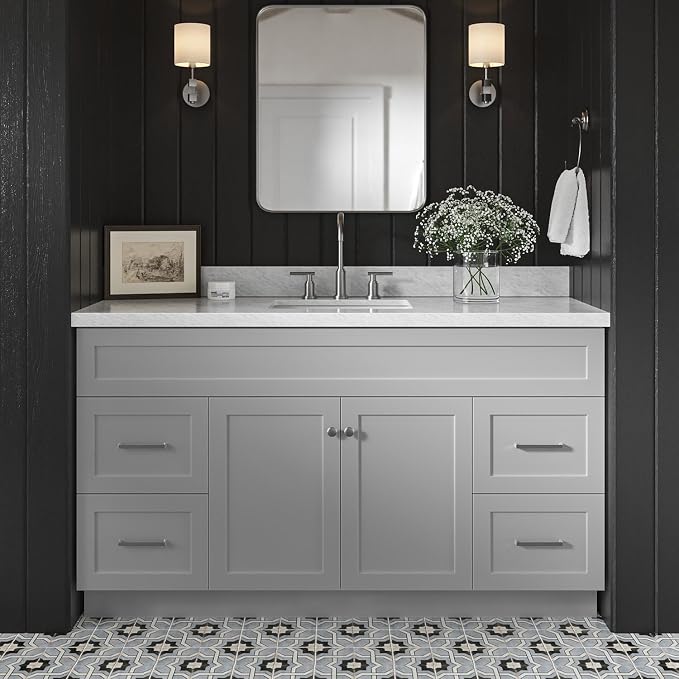 Bradford 60 Inch Bathroom Vanity Single Sink — Grey Bathroom Vanity with Sink, 1.5" Edge Italian Carrara Marble Countertop, Solid Wood, 2 Soft-Close Doors, 4 Dovetail Drawers