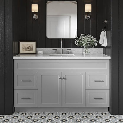 Bradford 60 Inch Bathroom Vanity Single Sink — Grey Bathroom Vanity with Sink, 1.5" Edge Italian Carrara Marble Countertop, Solid Wood, 2 Soft-Close Doors, 4 Dovetail Drawers