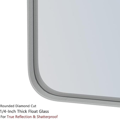 VocalStar Silver Bathroom Mirror for Wall, 24 x 32 Inch Rounded Rectangle Nickel Metal Framed Bathroom Vanity Mirrors, 1/4-inch Shatterproof Glass | Ultra-Flush Hanging