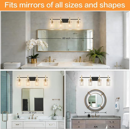 SOLFART Farmhouse Brass Bathroom Vanity Lights fixtures Over Mirror Vintage Bathroom Lighting Wall Sconce with Glass Shade 4 Lights