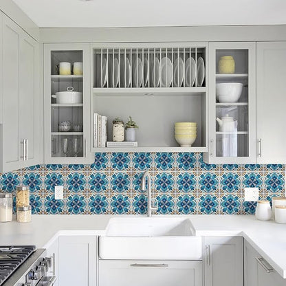 DICOFUN 32 Moroccan Tile Peel and Stick Backsplash, 6" x 6" Waterproof Mandala Stick on Wall Tiles (Style 8)