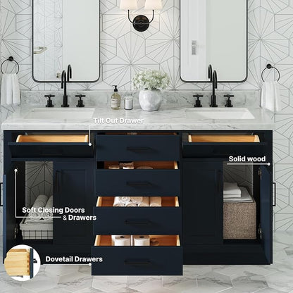 ARIEL Hepburn 66-inch Bathroom Vanity Base Cabinet,Solid Wood, 4 Soft Closing Doors, 6 Dovetail Drawers, Midnight Blue