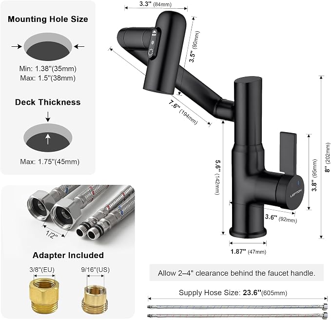 Rotatable Bathroom Faucet with Temperature Display in Fahrenheit (Batteries-Free), 3 Water Outlet Modes, Matte Black, BF2204-3