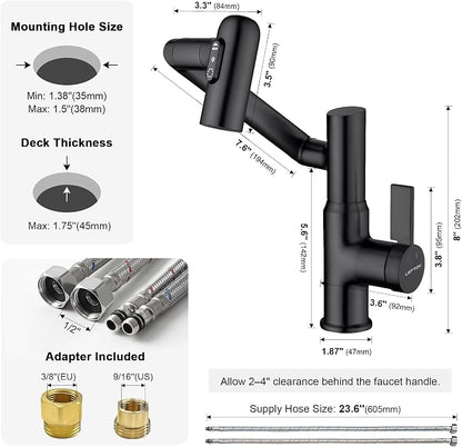Rotatable Bathroom Faucet with Temperature Display in Fahrenheit (Batteries-Free), 3 Water Outlet Modes, Matte Black, BF2204-3