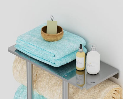 Bethom Towel Racks for Bathroom Wall Mounted with 3 Hooks, Brushed Nickel | Stainless Steel Towel Rack with Shelf, Towel Storage Holder Wall for Large Rolled Towels