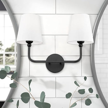 2-Light Bathroom Light Fixtures, Matte Black Vanity Lights, Double Wall Sconce with Flared White Fabric Shade, Modern Sconces Wall Lighting for Hallway Bedroom Stairway, VL837-MB-2-S