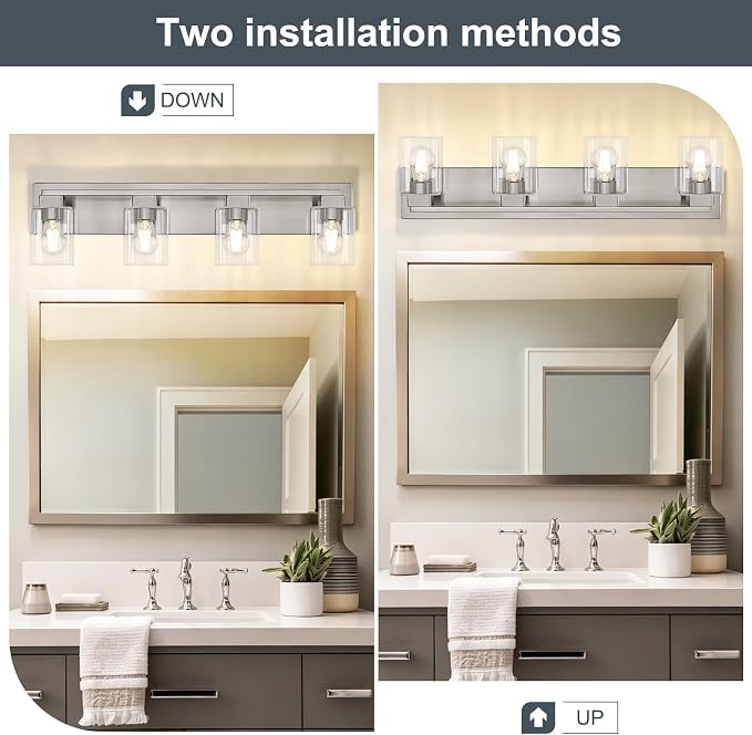 4-Light Brushed Nickel Bathroom Light Fixtures, with Clear Glass Shade | 29.5 Inch Bathroom Lighting Fixtures Over Mirror, Modern Wall Light, bathroom vanity light E26 Socket, ETL