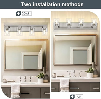 4-Light Brushed Nickel Bathroom Light Fixtures, with Clear Glass Shade | 29.5 Inch Bathroom Lighting Fixtures Over Mirror, Modern Wall Light, bathroom vanity light E26 Socket, ETL