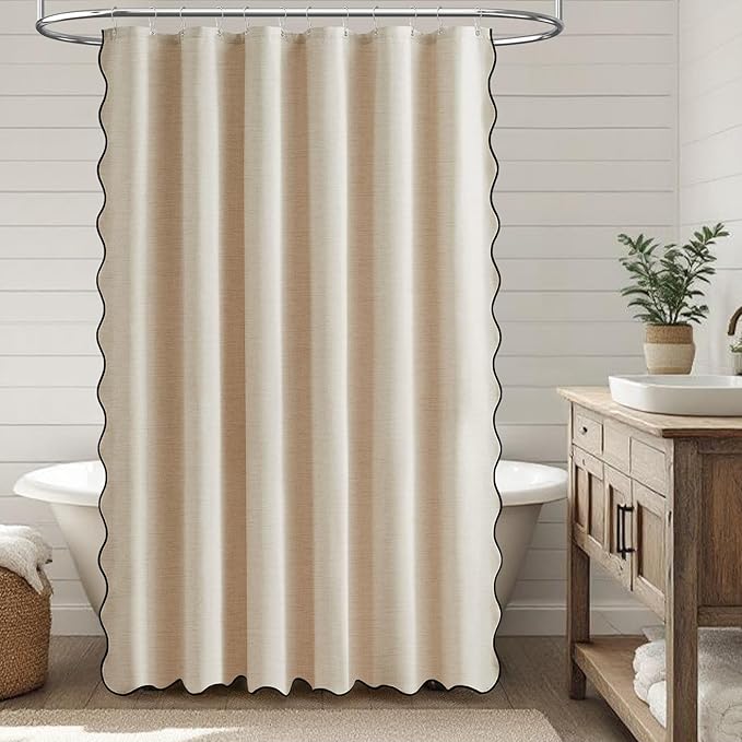 BTTN 78 Long Shower Curtain, Scalloped Linen Textured Thick Cloth Shower Curtain Set with 12 Hooks, Boho Elegant Decorative Waterproof Washable Fabric Shower Curtains for Bathroom - 72x78, Beige/Cream